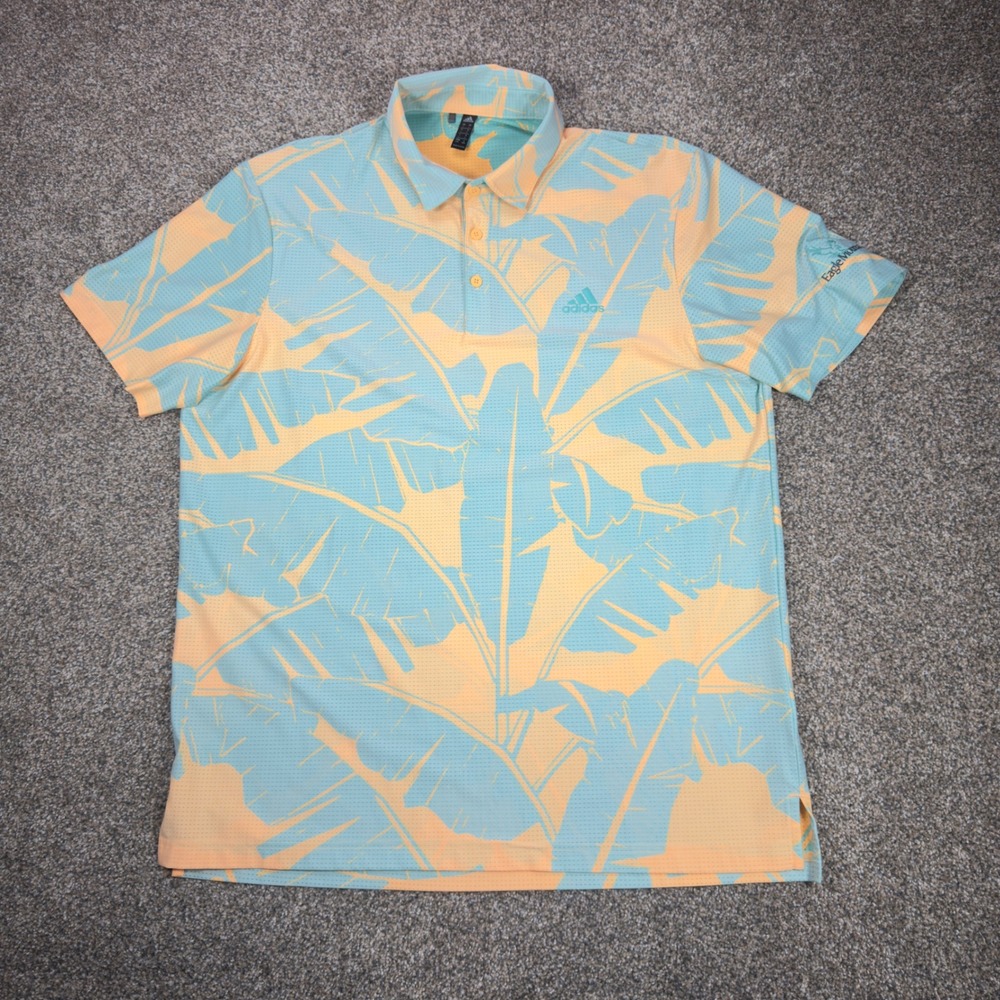 Adidas Golf Polo Shirt Mens Large Tropical Palm Leaf Eagle Mountain Peach Teal